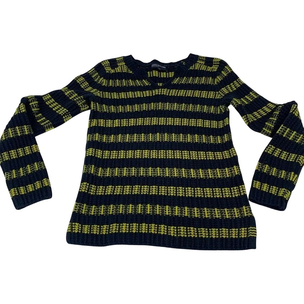 Jones NY Cable Knit Chunky Sweater Woman Small Cotton‎ Wool Blend Navy Yellow